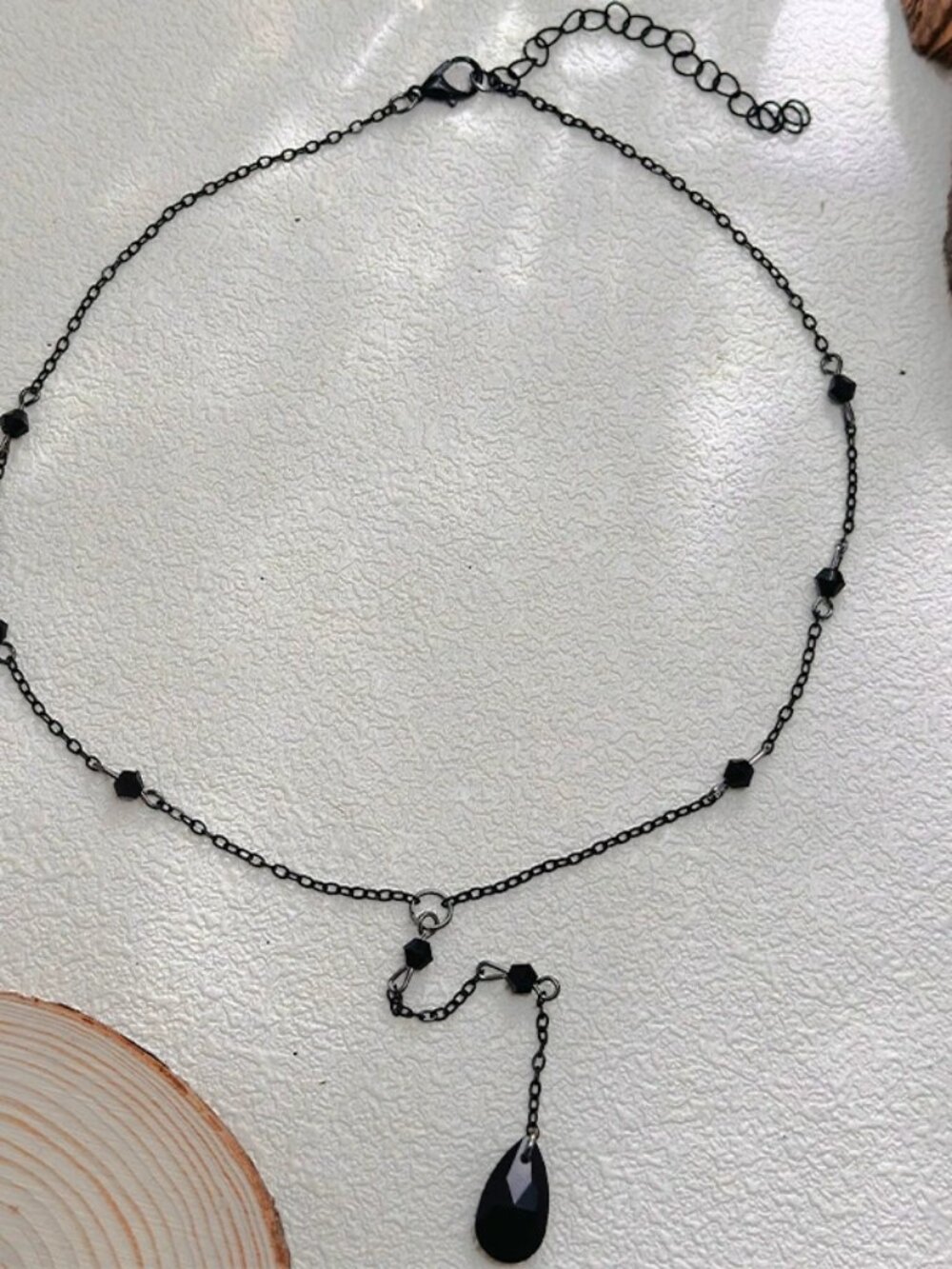 Black Beaded Teardrop Pendant Choker Necklace